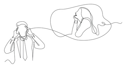continuous line of business man dizzy thinking about woman.business man holding his head.one line drawing isolated white background