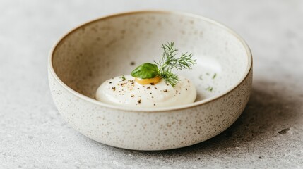 A minimalist dish featuring a creamy element garnished with herbs and spices, presented in a simple bowl on a textured surface.