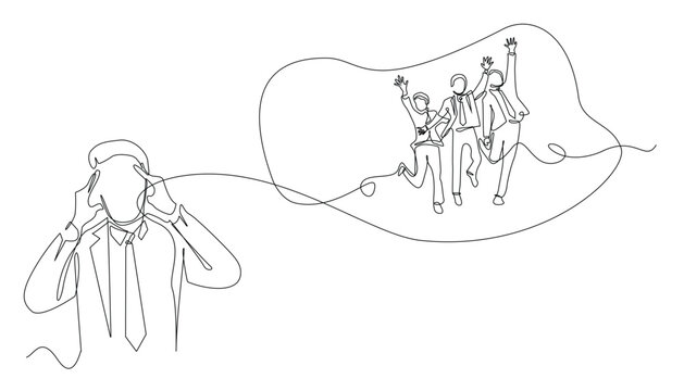 continuous line business man dizzy thinking about successful work friends.envy of other people's success.one line drawing isolated white background