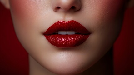 Fototapeta premium Extreme close-up of glossy red lips wearing vegan lipstick. Detail on smooth texture, reflecting elegance, cruelty-free cosmetics and vibrant lip color