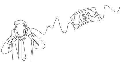 continuous line of dizzy businessman holding head and thinking about money.office people with financial targets.one line drawing isolated white background