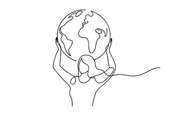 Woman's Hands Gently Cradle Earth One Line Art Global Responsibility