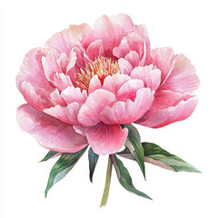 beautiful pink peony bloom with delicate petals and vibrant green leaves, showcasing intricate details and soft watercolor style. This botanical art piece captures essence of nature elegance