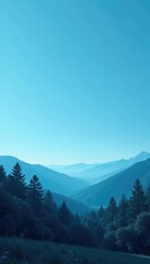 Minimalist landscape with a vast blue expanse and dense forest in the foreground, trees, calm, blue