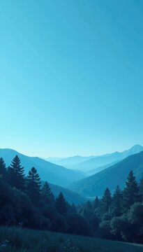 Minimalist landscape with a vast blue expanse and dense forest in the foreground, trees, calm, blue