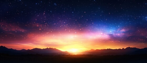 Fototapeta premium Colorful night sky filled with stars above a rugged mountain range landscape