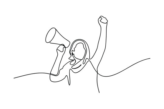 Woman Activist Using Megaphone, Continuous Line Art, Protest, Announcement, Rally, Demonstration, Sp