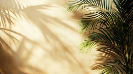 Soft shadows painted by palm leaves gently stretch across a warm light surface, evoking a sense of peaceful relaxation as sunlight filters through greenery on a serene afternoon