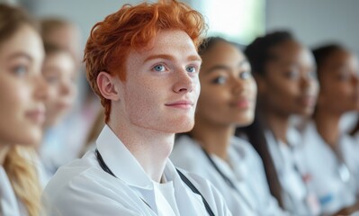 Young medical students engaged during a lecture in a classroom