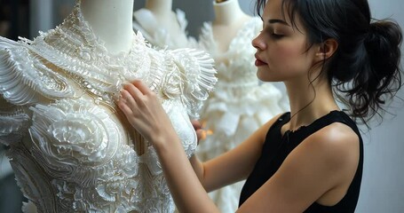 A fashion designer meticulously adjusts a 3D-printed wedding dress on a mannequin. - Powered by Adobe