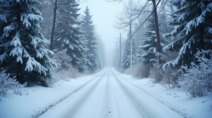 Obraz premium Winter road in a snowy field with trees and blue sky at sunset