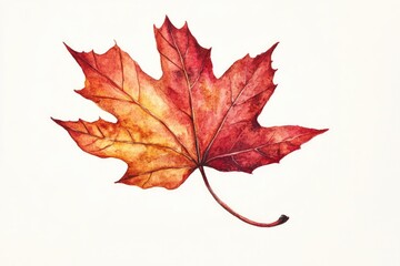 A red maple leaf painted in watercolor, warm fall tones, isolated