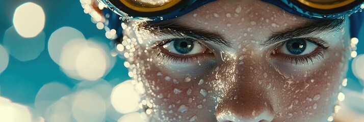 Close-up of a Swimmer's Face with Water Droplets.