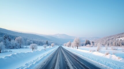 Winter road in a snowy field with trees and blue sky at sunset
