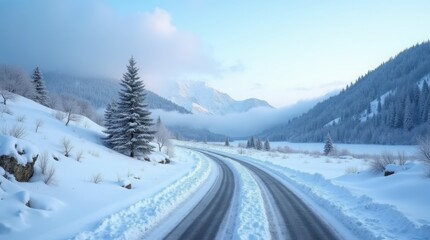 Fototapeta premium Winter road in a snowy field with trees and blue sky at sunset