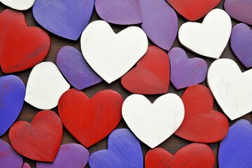 Obraz premium A background of red, purple, and white paper hearts scattered around each other, creating an adorable Valentine's Day texture. The heart shapes should be in various sizes, with some being larger
