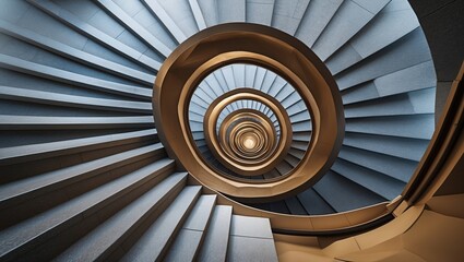 Spiral staircase view from below. Gray stairs with circular steps, light at bottom. Architecture with repetitive pattern.