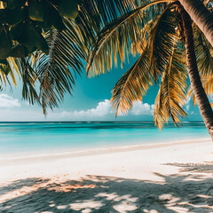 Naklejka premium Tropical beach, palm trees, ocean waves, volcanic mountains, vacation