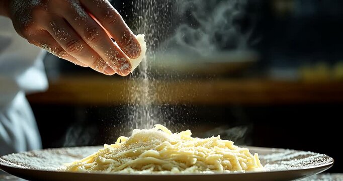 Close-up shot of a chef grating parmesan cheese onto a steaming plate of spaghetti.