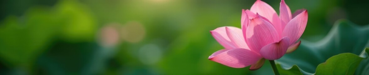 Fototapeta premium Soft pink petals unfold from a lush green stem, flower, blossoming