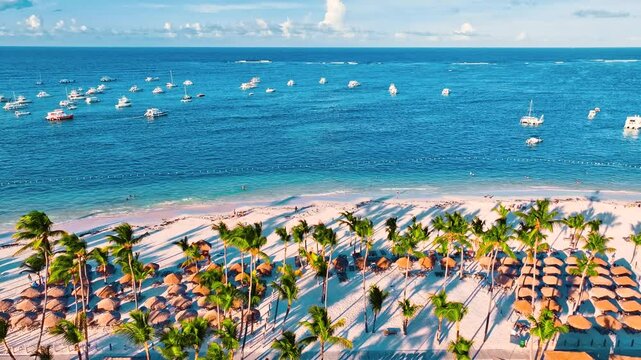 Evening tropical resort beach aerial view. Caribbean Sea, Punta Cana, Dominican Republic, aerial view. Drone flying over tropical blue ocean. Amazing palm beach.