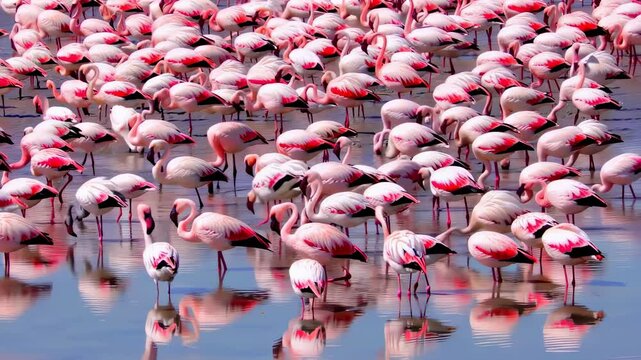 A dense colony of pink flamingos wades in a shallow lake, their reflections creating a mesmerizing pattern across the water surface.