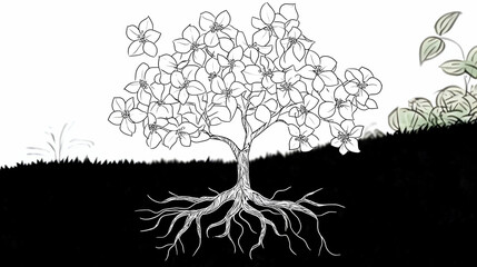 Blooming tree roots in a garden