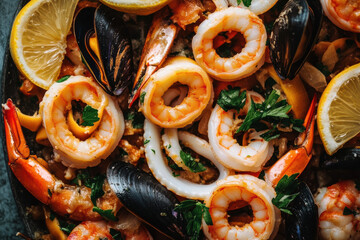 close-up photo of a seafood dish with squid rings and mussels decorated with lemon