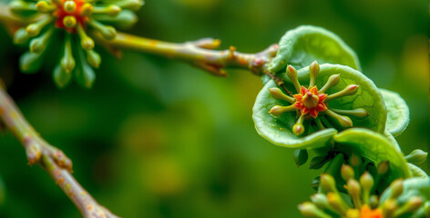 Obraz premium Macro View of Vibrant Flower and Leaves