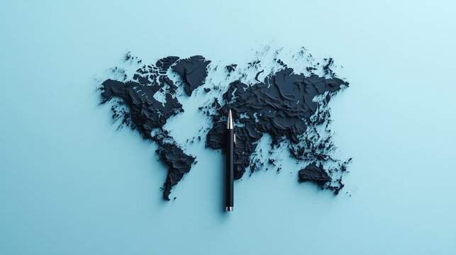 A bold world map in charcoal gray, featuring a pen icon subtly integrated into the continents, celebrating press freedom universally, light blue background, minimalist composition