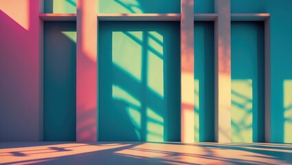 Blue wall with pink sunlight shadows. Columns and windows. Abstract architecture backdrop with sun rays during day.