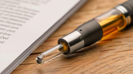 Close-up of a vape device on a wooden table with legal documents, symbolizing legal disputes and regulations in the vaping industry. Focused on modern e-cigarette technology and legal