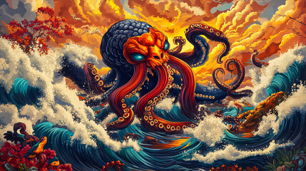 Obraz premium vibrant octopus emerges from turbulent waves under dramatic sunset, showcasing intricate details and vivid colors. scene evokes sense of adventure and mystery