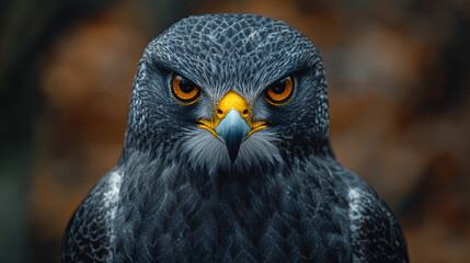 Fototapeta premium Majestic black hawk with piercing orange eyes, showcasing fierce expression and detailed feathers. striking representation of nature beauty and power