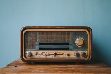 Vintage Radio on Wooden Table Against Blue Background in Retro Style