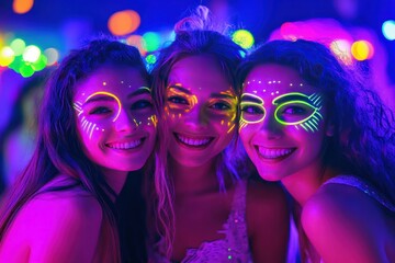 Obraz premium Three Young Women with Neon Face Paint Smiling at a Colorful Night Festival Celebration