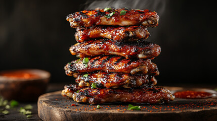 Delicious grilled chicken wings stacked high, glistening with sauce and garnished with herbs, perfect for savory meal