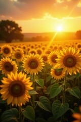 Obraz premium Warm golden light on a field of sunflowers with deep red undertones, yellow, nature, sunflowers