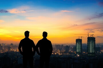 Fototapeta premium Silhouettes of Two Friends Overlooking Cityscape at Sunset with Construction Buildings