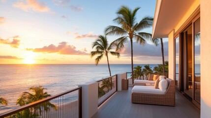 Fototapeta premium Luxurious Resort Balcony Overlooking Ocean at Sunset with Palms