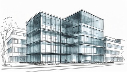 Fototapeta premium Office building sketch with blue glass windows. Modern architecture design shown on white background with trees and sidewalk. sketch style