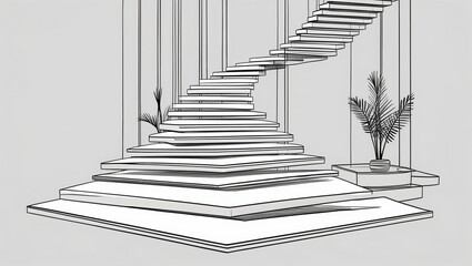 White Stairs Interior. Abstract stairs architecture with plant near window. Black and white style render of home room with staircase.