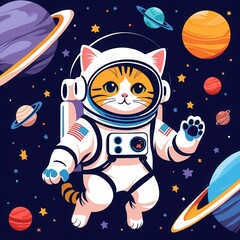 Fototapeta premium Cat Astronaut floats in Dark Blue Space. Orange Cat wears white space suit with flag. Planets and Stars around cute cartoon kitty.