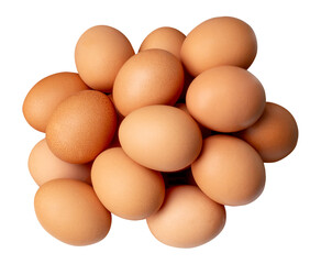 Top view of large group of chicken eggs or hen eggs in stack isolated with clipping path in png file format