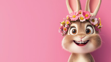 Naklejka premium caricature of a cute Easter bunny with a floral headband and dental braces :Easter in dental office banner