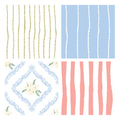Hand-Drawn Pastel Geometric Patterns Set – Stripes, Grids, and Abstract Textures. Boho Geometric and Floral Patterns, Checkered, Lines, and Doodle Elements, Organic Grid and Line Textures