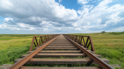 Fototapeta premium panoramic view of long iron bridge stretching into distance, surrounded by lush green fields and dramatic sky filled with clouds. scene evokes sense of adventure and exploration
