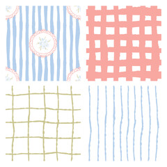 Hand-Drawn Pastel Geometric Patterns Set – Stripes, Grids, and Abstract Textures. Boho Geometric and Floral Patterns, Checkered, Lines, and Doodle Elements, Organic Grid and Line Textures