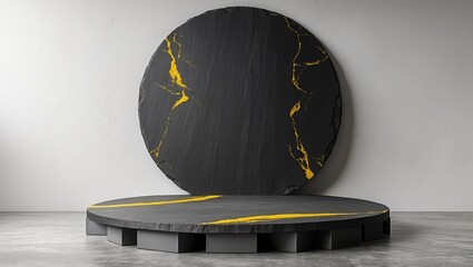 Black slate podium with gold veins stands in studio. Round platform shows product display against white wall. Minimal scene presents platform for marketing.