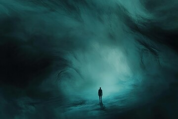 Fototapeta premium Solitary Figure Standing Amidst Dark Ocean Waves in Ethereal Atmosphere of Mystery and Intrigue